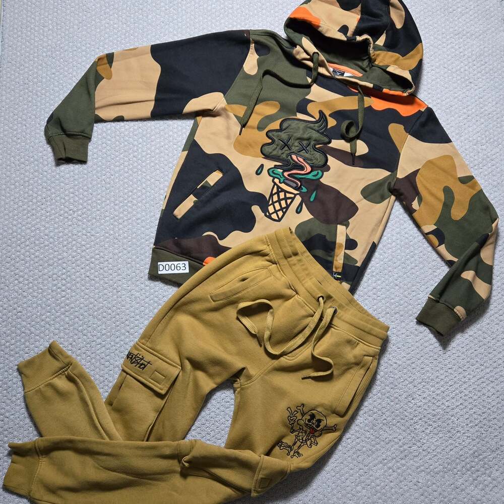 Screenshot Brand Camo Hoodie and Cargo Sweatpants Set Ice Cream Embroidery Patch